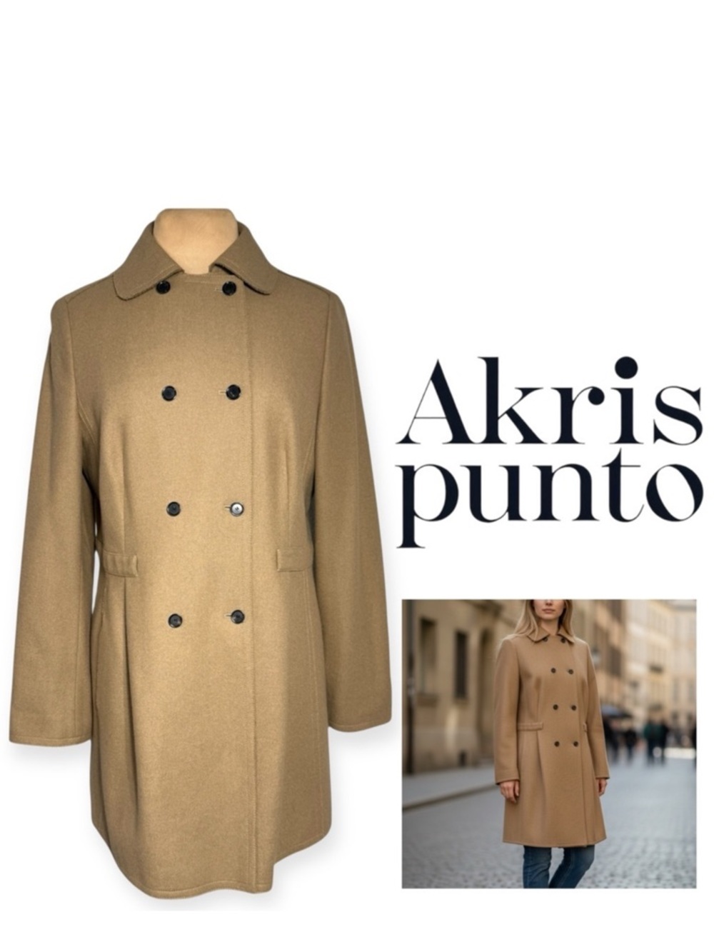 Akris punto wool angora camel tan double breasted peacoat US 12 FR 45 D 42 CBK